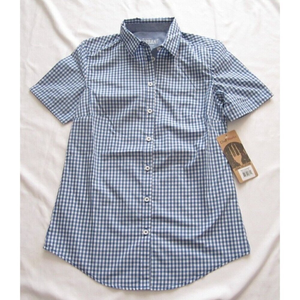 New Women Chef works Urban Collection Gingham Short Sleeve Shirt Sz‎ XS (WB336)